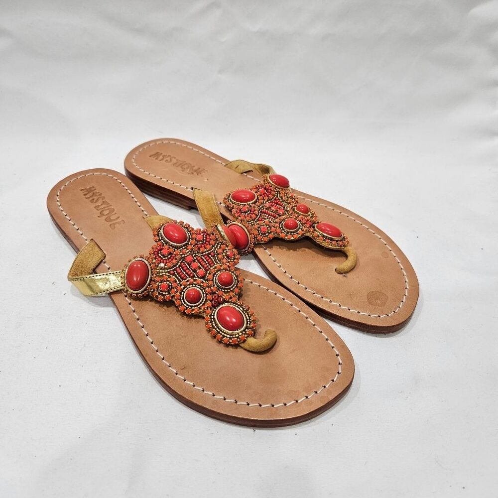 Mystique Beaded Coral Red Gold Leather Thong Sandals Boho Flats Womens Size 8